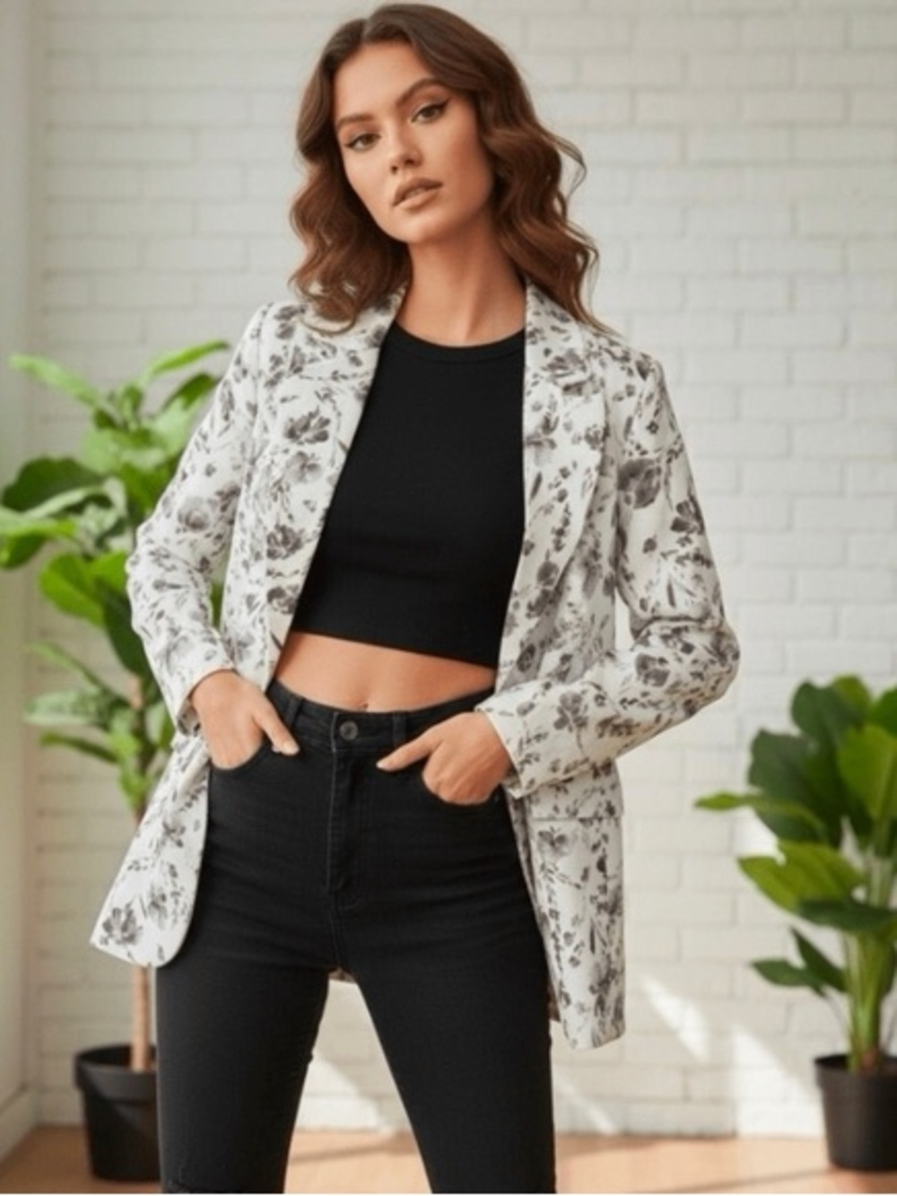Joie 100% Linen Floral Print Single Button Blazer Jacket - Beige & Black